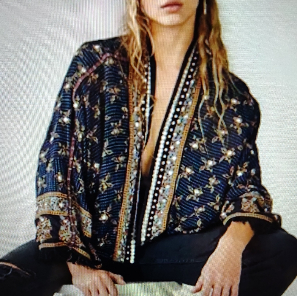 $128 NWT FREE PEOPLE RAYS OF LIGHT BOHO-CHIC GYPSY EMBELLISH KIMONO JACKET Sz XS - Picture 4 of 11